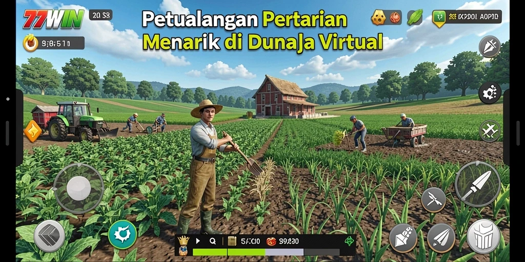 Tangkapan layar gameplay 77WIN menampilkan kebun yang subur dan hewan ternak yang lucu.