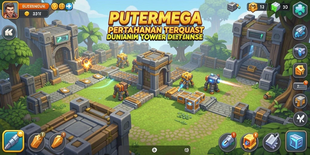 Tangkapan layar menampilkan gameplay seru di PUTERMEGA dengan tower defense yang mendebarkan.