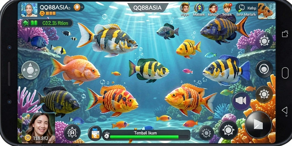 Screenshot gameplay QQ88ASIA menampilkan aksi menembak ikan yang intens.
